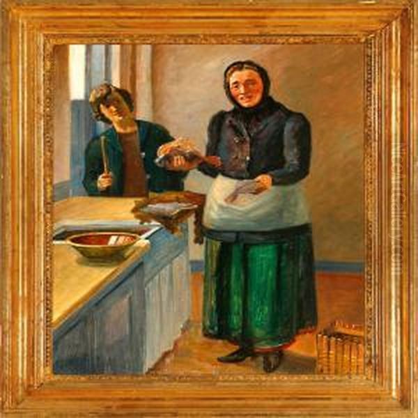 Kitchen Interior With A Fisherman's Wife Haggling With The Maid Oil Painting by Peter H. Wilhardt