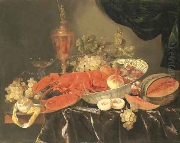 A lobster with grapes and a peach in a Wan-li 'kraak' porselein bowl, a silver-gilt cup and cover, a facon-de-Venise wine glass, a melon, a knife Oil Painting by Abraham Hendrickz Van Beyeren