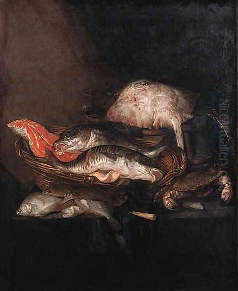 A ray on a barrel, a salmon-steak, a pike-perch and a coalfish in a basket with flounders, a knife and a crab on a draped table Oil Painting by Abraham Hendrickz Van Beyeren