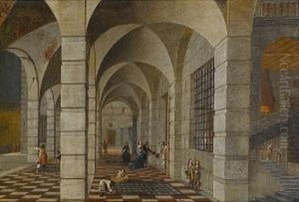 A Dungeon Interior With Elegant Figures Oil Painting by Wilhelm Schubert Ehrenberg & Hieronymous Janssens