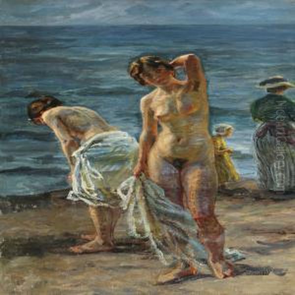 Bathing Women On A Beach Oil Painting by Johannes Martin Fastings Wilhjelm