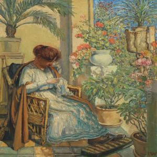 Woman On A Porch, Sorrounded By Flowers Oil Painting by Johannes Martin Fastings Wilhjelm