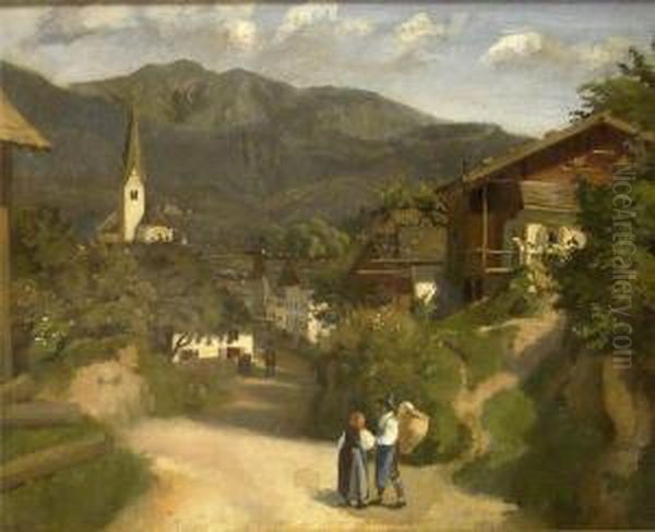 Bauern Auf Der Strase Eines Bergdorfes Oil Painting by Josef Wilk