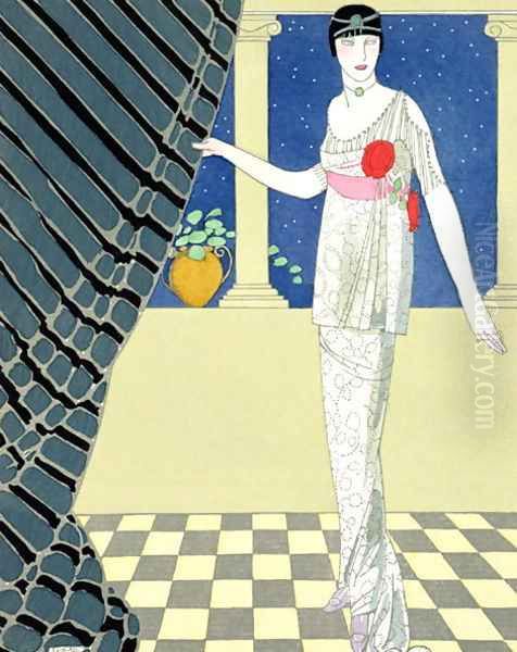 My Guests have not Arrived, illustration of a woman in a dress Oil Painting by Georges Barbier