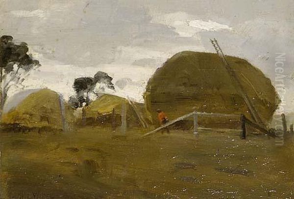 Hay Stacks, Hahndorf Oil Painting by Leslie Wilkie