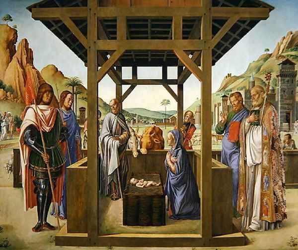 Nativity Scene with Saints James, Eustacius, Nicholas and Mark Oil Painting by Lazzaro Bastiani