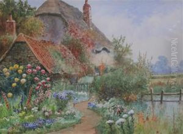 Garden And Thatched Cottage With Pond And Fields Beyond Oil Painting by Arthur Stanley Wilkinson