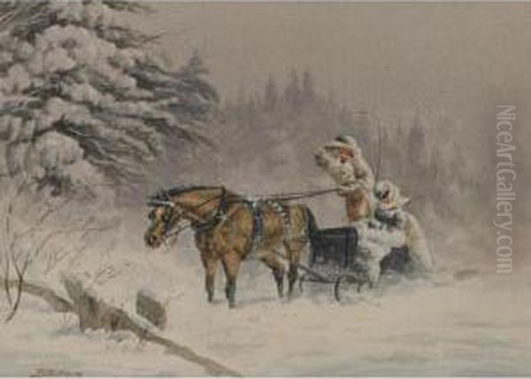 Figures In A Horse-drawn Sleigh Oil Painting by John B. Wilkinson