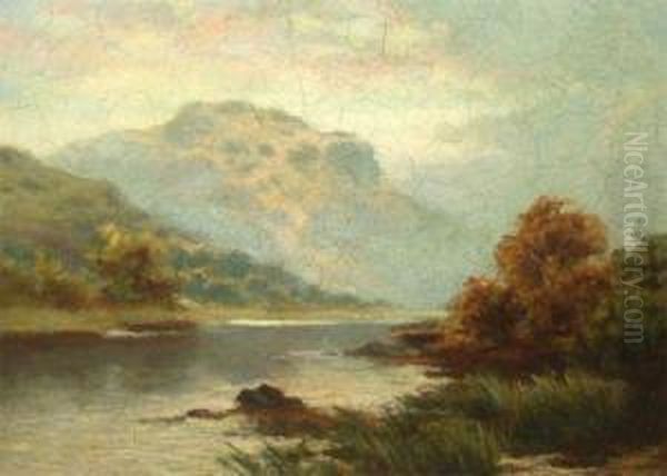 River And Mountain Landscape Oil Painting by R. Ellis Wilkinson