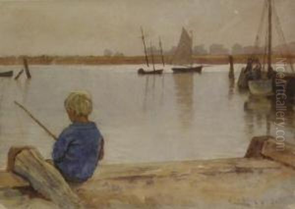 Boy Fishing 'st Ives Cornwall' Oil Painting by R. Ellis Wilkinson