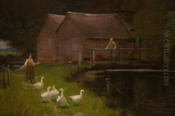 Geese And Figures Oil Painting by R. Ellis Wilkinson