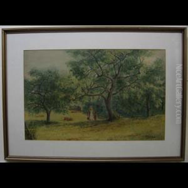 Woman And Child Passing Through Farm Field Through Trees Oil Painting by Thomas Harrison Wilkinson