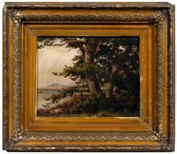 Lakeside Landscape With Distant Mountains Oil Painting by August Will