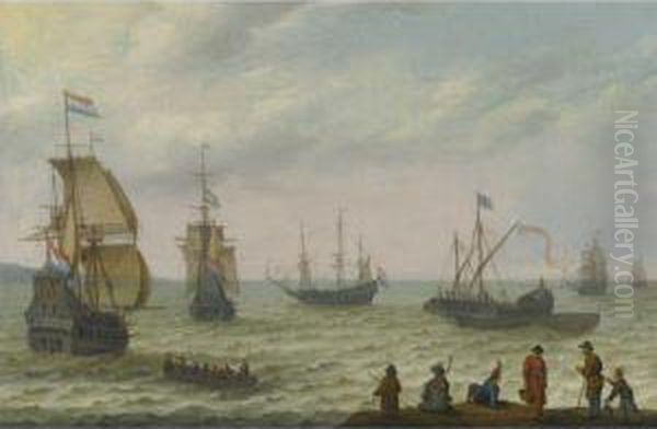 Coastal Landscape With Dutch Shipping In Choppy Seas Oil Painting by Abraham Willaerts