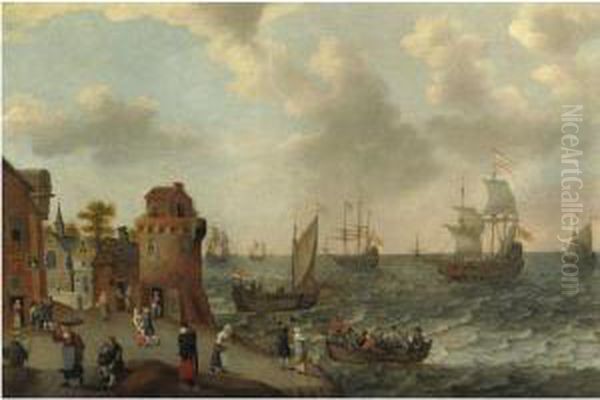 A Coastal Landscape With Numerous Figures On The Shore, A Dutchfleet Setting Sail, And A Rowing Boat Approaching The Shore Oil Painting by Abraham Willaerts