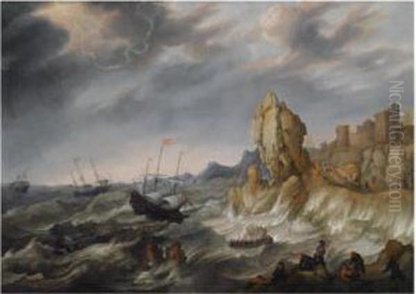 Shipping In A Heavy Storm Along A Rocky Coast, With Shipwreckedfigures Climbing On Shore In The Foreground, A View Of A Townbeyond Oil Painting by Abraham Willaerts