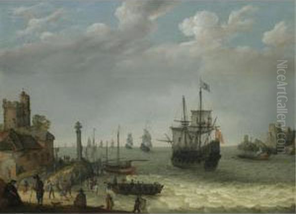 A Coastal Landscape With Figures On The Shore With A Spanish Man O'war Putting To Sea As A Dutch Fleet Approaches Oil Painting by Abraham Willaerts