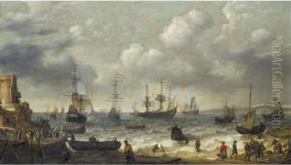 A Coastal Scene With Numerous Figures On The Shore, A Dutch Man O'war Firing Its Cannon Beyond Oil Painting by Abraham Willaerts