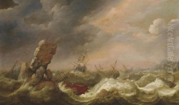 Shipping In Stormy Waters With A Shipwreck Of A Turkish Vessel Oil Painting by Adam Willaerts