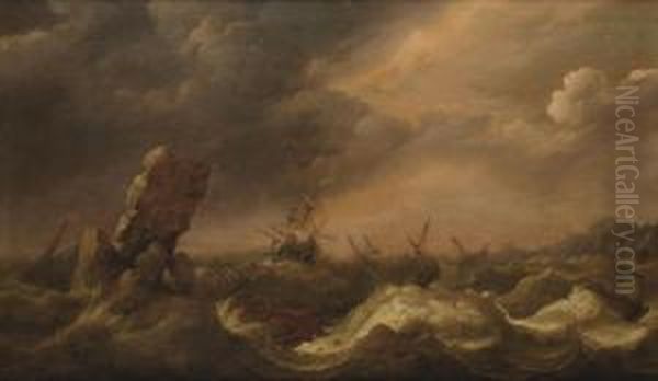 Shipping In Stormy Waters With A Shipwreck Of A Turkish Vessel Oil Painting by Adam Willaerts