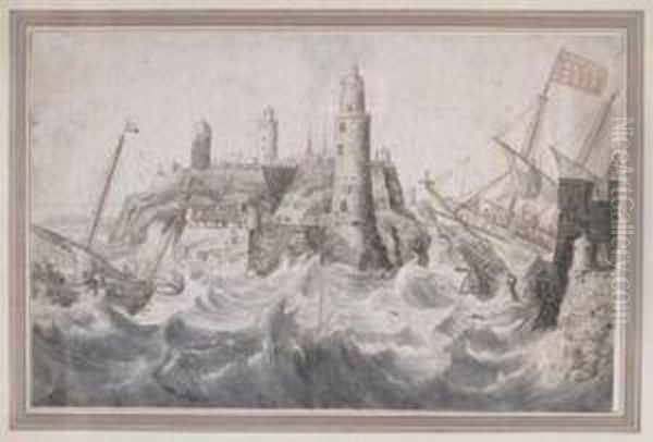 Ships In Stormy Seas Off The Coast Near A Lighthouse And A Castle Oil Painting by Adam Willaerts