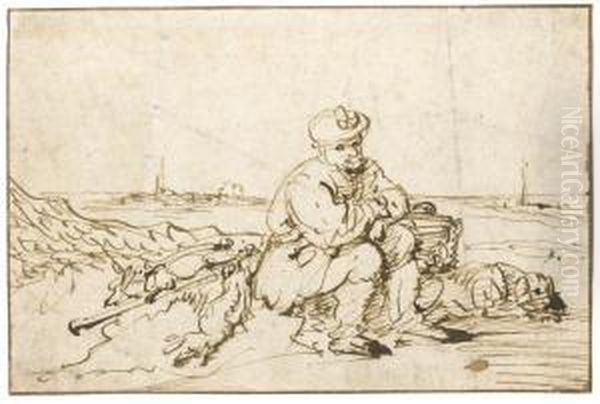 A Hunter And His Dog Seated On The Shore Oil Painting by Adam Willaerts