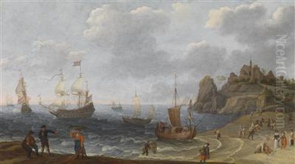 Coastal Landscape With Fishermen Hauling In Their Catch Oil Painting by Isaac Willaerts