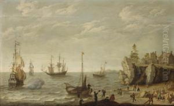 Dutch Merchants At Anchor In Choppy Waters Off A Rocky Coast In Abay With Fishermen Unloading Their Catch Oil Painting by Isaac Willaerts