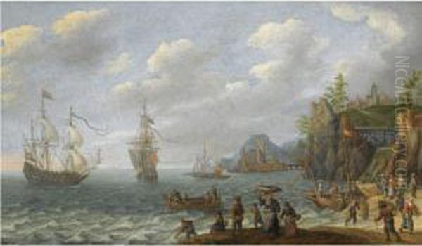 A Coastal Landscape With Two Dutch Merchant Ships And Otherbarges In Choppy Waters Off The Coast, Fishermen Unloading Theircatch In The Foreground, A Hill Top Town Beyond Oil Painting by Isaac Willaerts