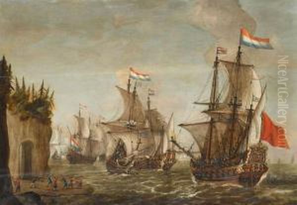 Dutch War Galleons Near A Rocky Coast Oil Painting by Isaac Willaerts