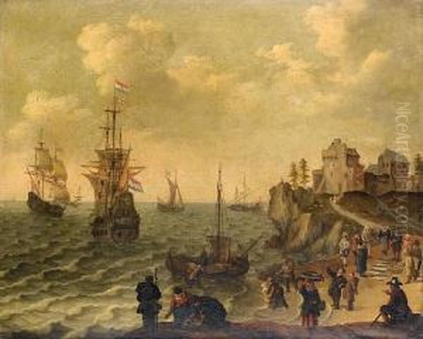 Fishermen With Their Catch On The Shore, Shipping At Anchor Beyond Oil Painting by Isaac Willaerts