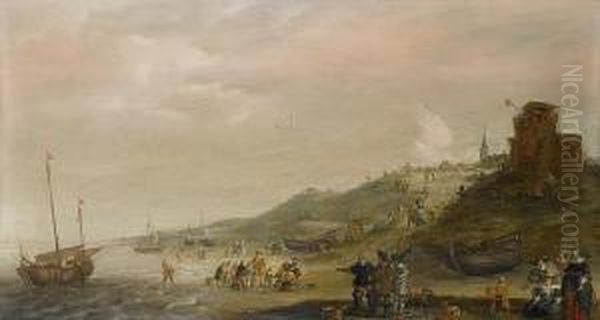 A Coastal Landscape With Elegant Figures Onthe Shore And Fishermen Unloading Their Catch Oil Painting by Isaac Willaerts