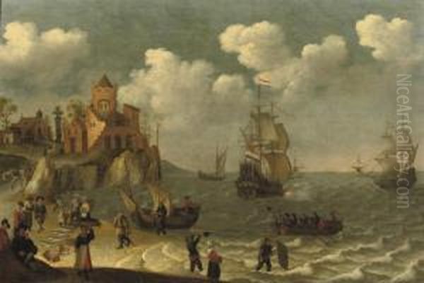 Fishermen Unloading Their Boat Near A Coastal Town, Shipping Beyond Oil Painting by Isaac Willaerts