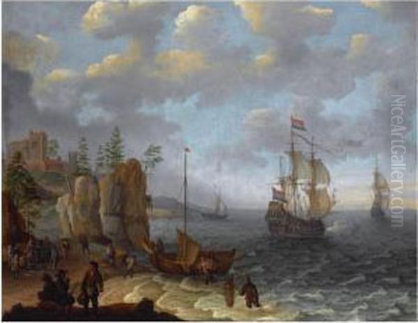 A Beach Scene With Fishermen Unloading The Catch, Two Dutch Merchant Ships Beyond Oil Painting by Isaac Willaerts