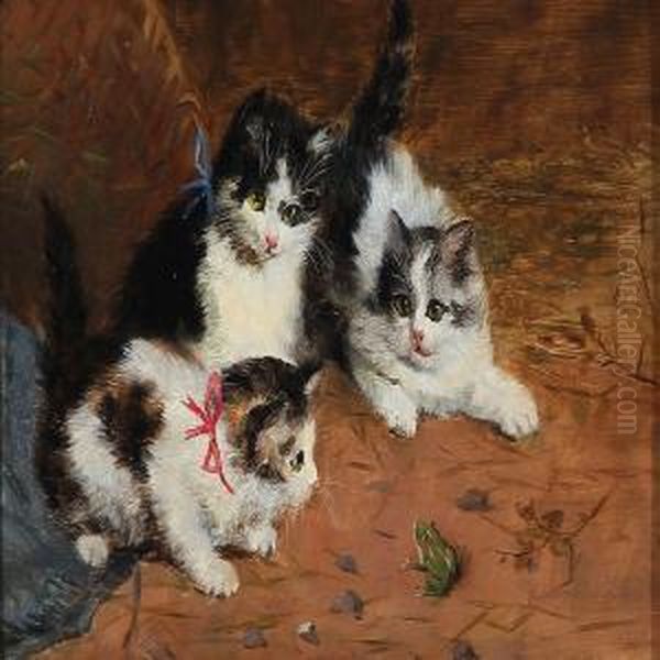 Three Kittens And A Frog Oil Painting by Willand