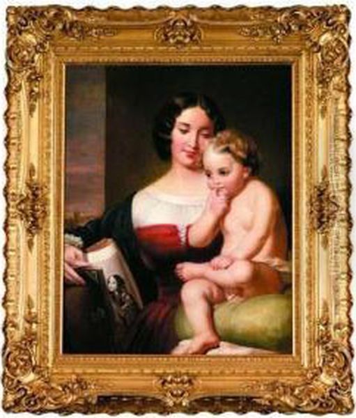 Portrait Of A Member Of The Mann Family With Child, Circa1850 Oil Painting by Henry Willard