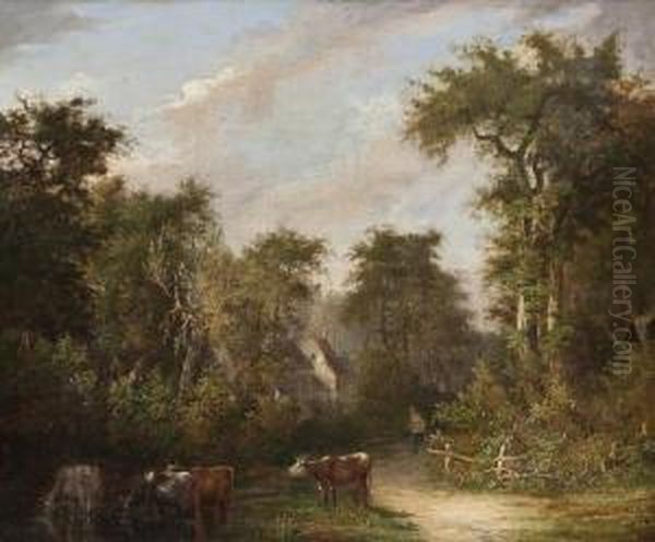 Cattle In A Wooded Landscape Oil Painting by George Burrell Willcox