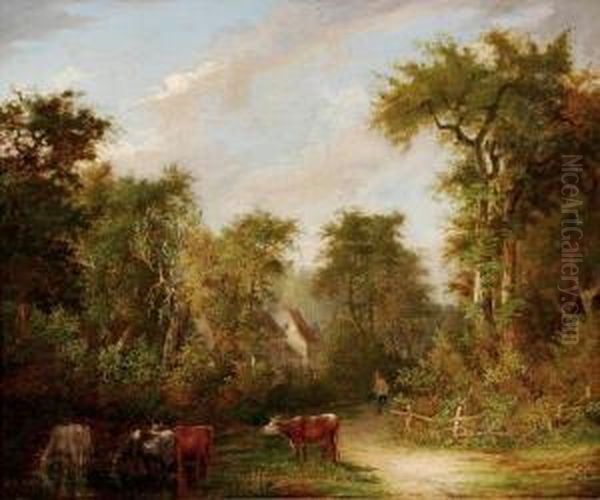 Barrell Willcockcattle In A Woodland Landscape Oil Painting by George Burrell Willcox