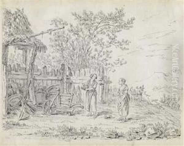 A Draw Well And Two Peasant Women Near A Barn Oil Painting by Johann Georg Wille