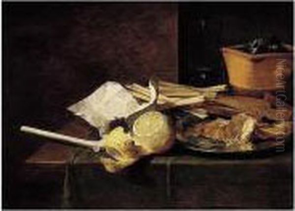 A Still Life Of Smoker's Requisites, Including A Clay Pipe, Tobacco In A Paper, Spills And A Chafing-dish, With A Partly Peeled Lemon And Fish On A Silver Plate, All On A Table Draped With A Green Cloth by Peter Willebeeck