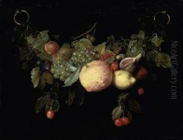 A Swag Of Lemons, Plums, Cherries, Redcurrants, A Fig, An Orange, And Other Fruit, With A Butterfly Oil Painting by Petrus Willebeeck