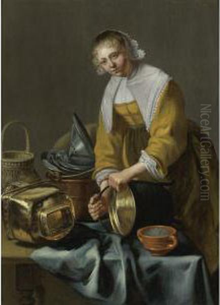 A Kitchen Maid Standing By A Table With Copper Pots, Pewter Platesand Other Objects Oil Painting by Odekercken Willem