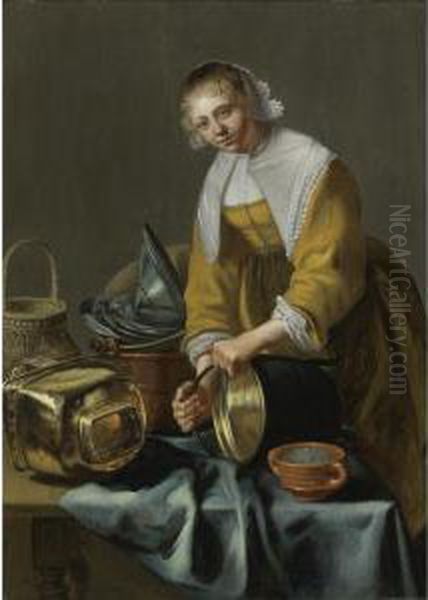 A Kitchen Maid Standing By A Table With Copper Pots, Pewter Platesand Other Objects Oil Painting by Odekercken Willem