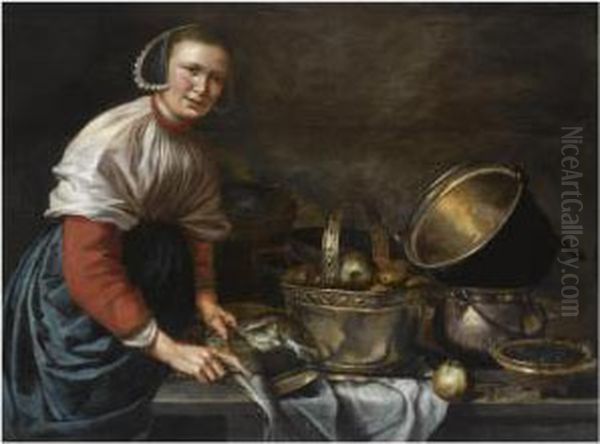 A Lady Cleaning Fish, Standing At A Table With A Copper Bowl With Apples, Copper Pans And A Small Dish With Herbs Oil Painting by Odekercken Willem