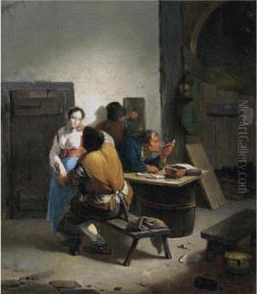 A Tavern Interior With A Barmaid Being Seduced By A Customer Oil Painting by Odekercken Willem