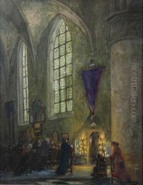 Kerkinterieur Met Personages Bij Vaandel Oil Painting by Adolf Willems