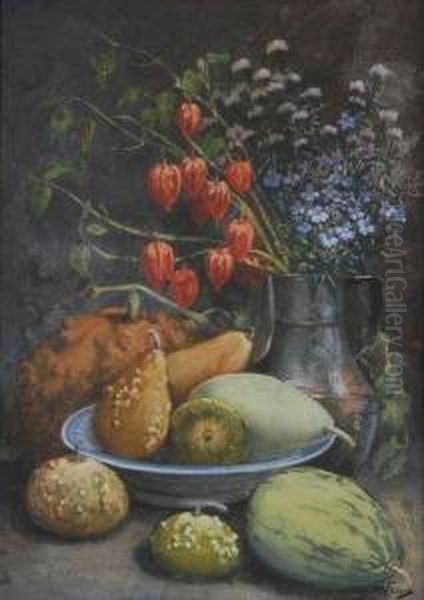 Stilleven Met Veldbloemen En Sierfruit Op Schaal Oil Painting by Adolf Willems