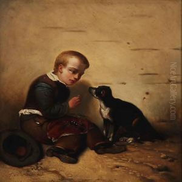 A Little Boy Feeding His Dog Oil Painting by Florent Willems