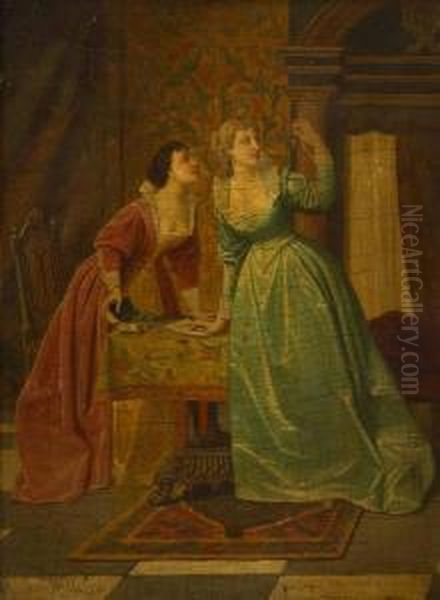 Deux Jeunes Femmes Admirant Des Bijoux Oil Painting by Louis Willems