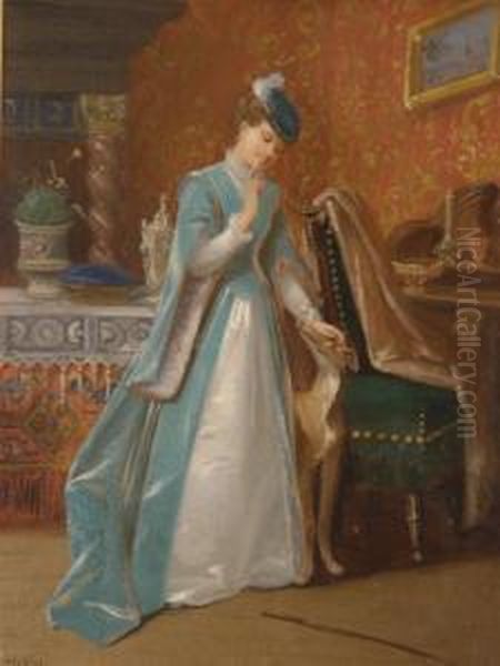 Lady In An Interior With Her Dog Oil Painting by Louis Willems